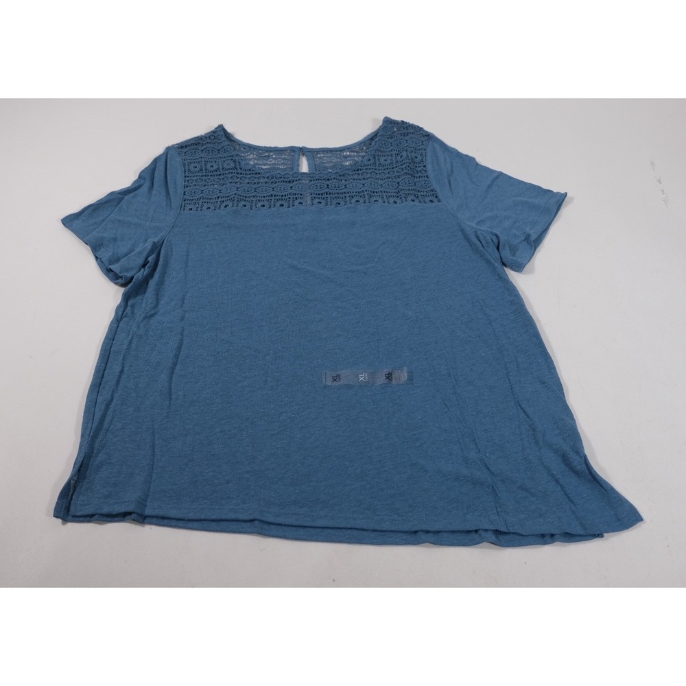 Old Navy Top Women Large Blue Short Sleeve Lace Yoke Linen Blend Casual Shirt